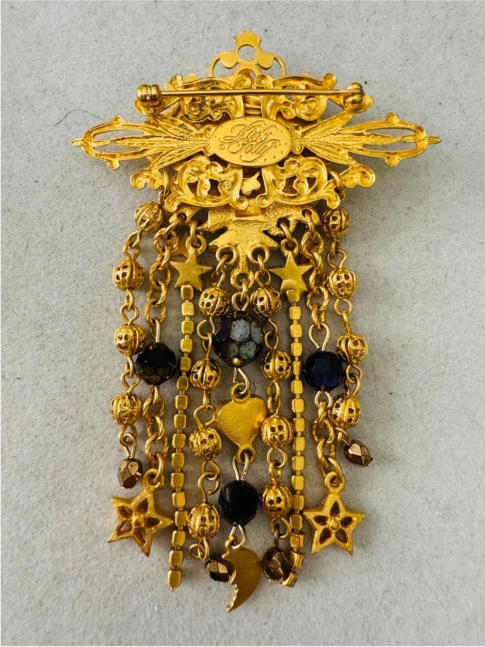 Vintage KIRKS FOLLY Celestial Sun Moon Stars Heart Gold Tone Brooch Dangle Pin - Picture 4 of 5
